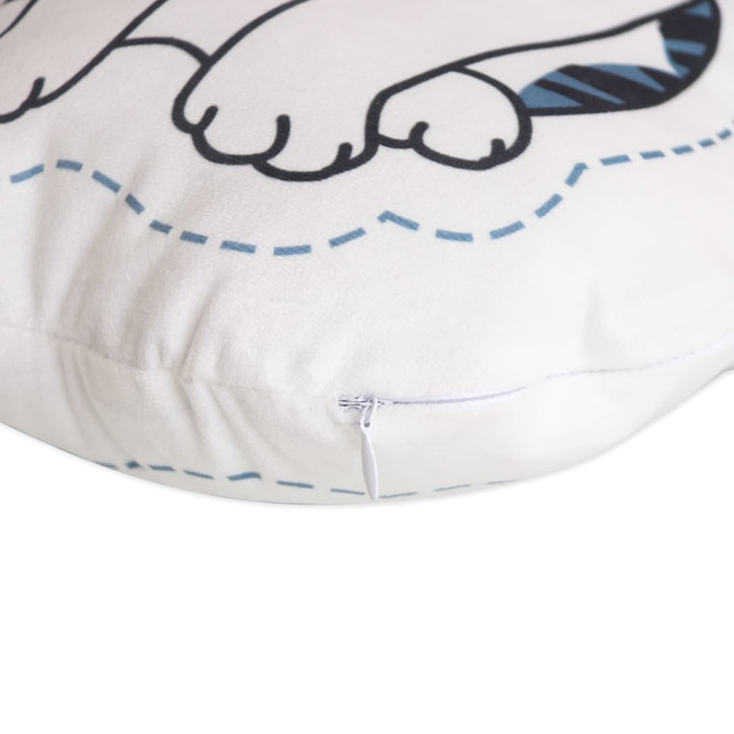 A custom pillow featuring a white fabric with a patterned design and a zip closure.