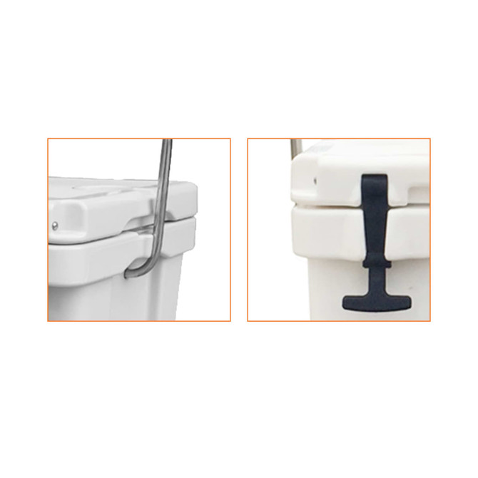 A 15L cooler box in white, featuring a metal handle and a black latch mechanism. It has a logo on the side.