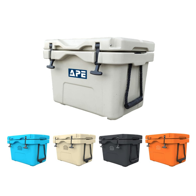 A cooler box in beige with blue, orange, black, and aqua options. Features a logo on the front and a handle.