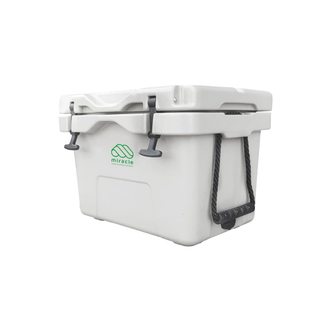 A white 25L cooler box with a logo, featuring a secure lid and carry handles.