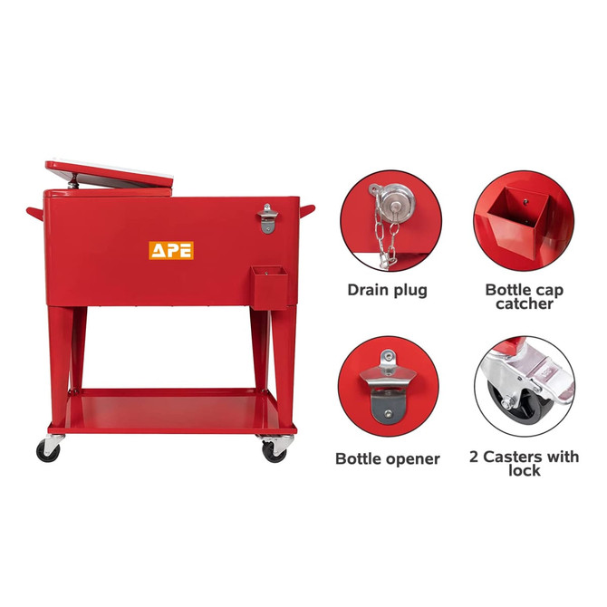 A red cooler box trolley with a drain plug, bottle cap catcher, bottle opener, and two locking casters. It features a logo.