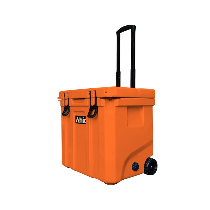 An orange cooler box with wheels and a telescoping handle, featuring a logo on the front.