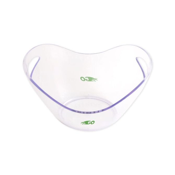 A transparent ice bucket with a curved design and handles, featuring a green logo.