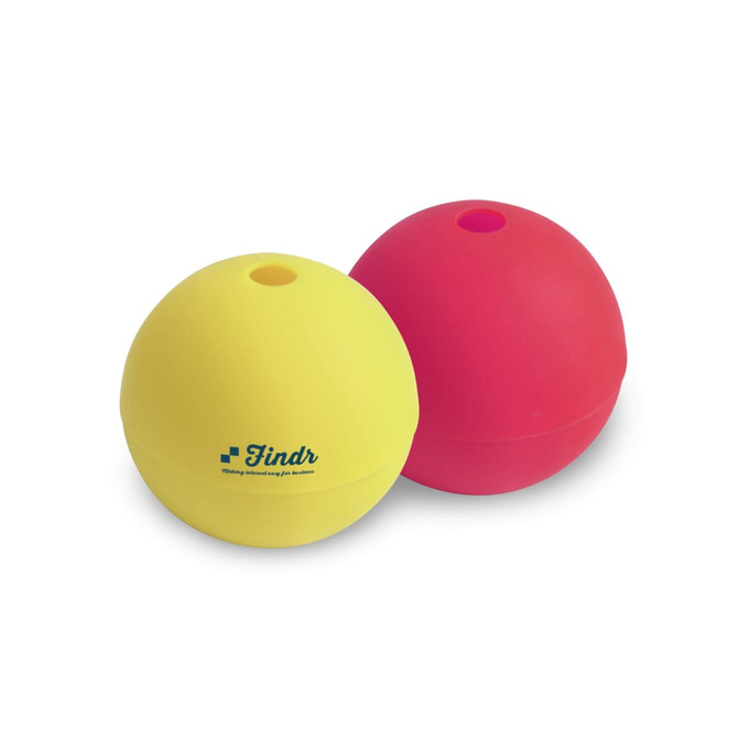 Two silicone whisky ice ball moulds, one yellow and one red, featuring a logo on the yellow mould.