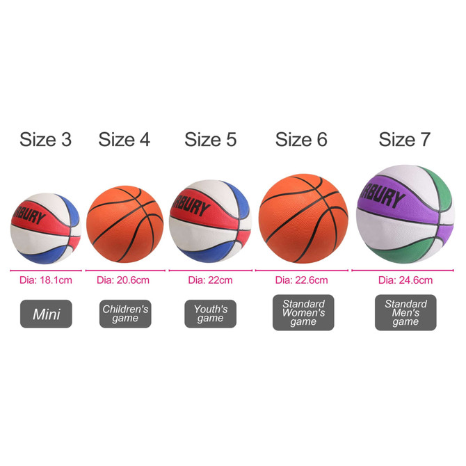 A range of basketballs in varying sizes, featuring orange, blue, purple, and white colours, each with a logo.
