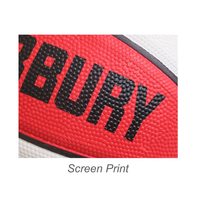 A promotional basketball featuring a textured surface in red and white, with a logo in black text.