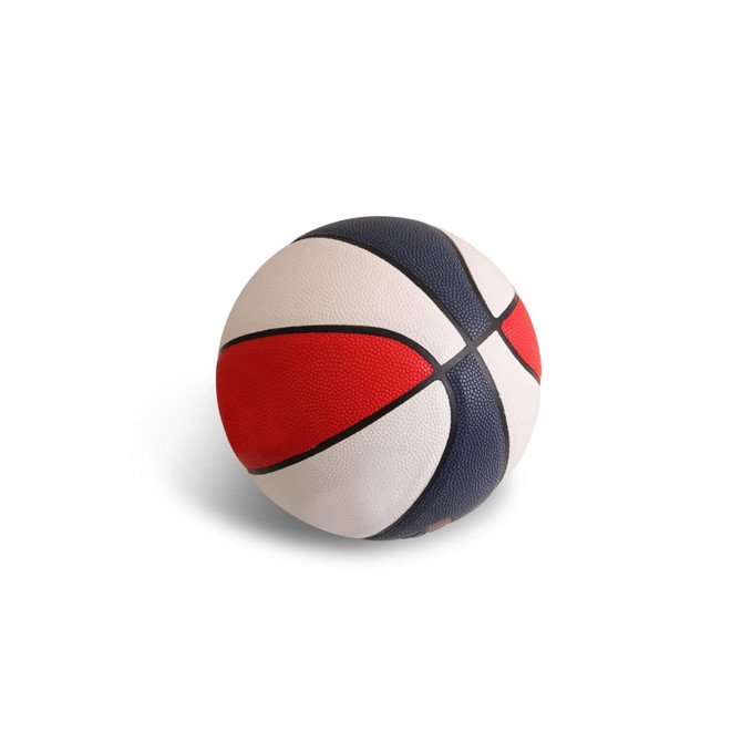 A basketball with a white, red, and navy colour scheme, featuring textured surface and a logo.