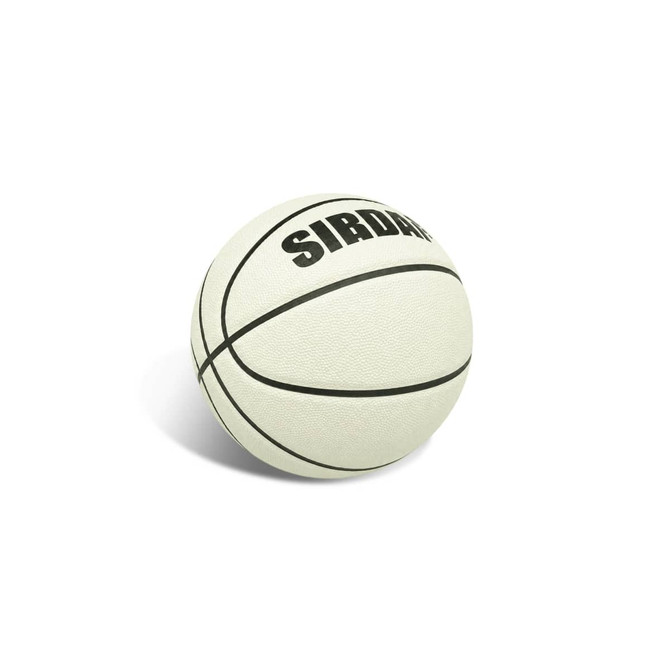 A white basketball featuring black lines and lettering, with a textured surface, and a logo.