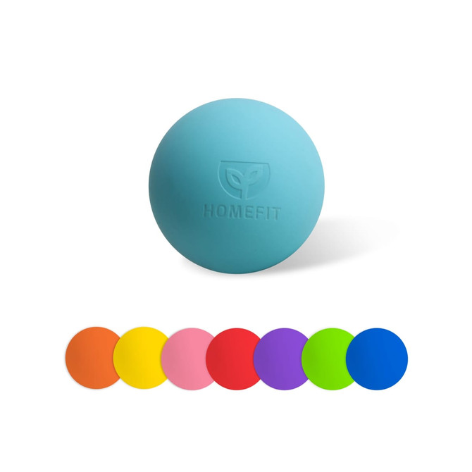 A blue lacrosse ball with a logo, accompanied by a range of six colourful balls in orange, yellow, pink, purple and green.