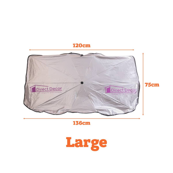 A large silver car shade umbrella featuring a central opening and a branding logo, measuring 136cm by 120cm.