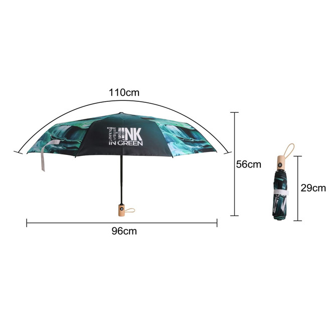 A triple folding RPET umbrella in green and black, featuring an automatic open and close mechanism, with a matching carry case.