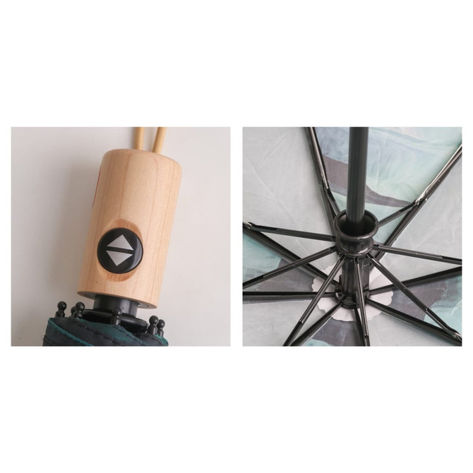 A triple folding RPET umbrella features a wooden handle and black metal frame, showcasing its unique design.