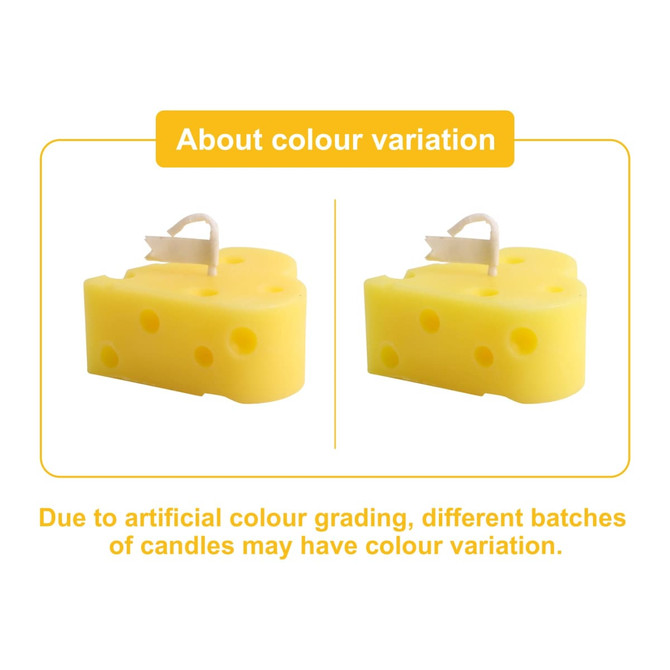 A pair of yellow cheese-shaped candles with a small label flag on each. One candle displays holes typical of cheese.