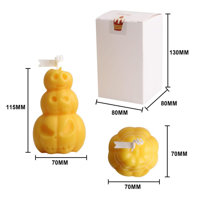 A set of three pumpkin-shaped candles in yellow, alongside a white box featuring dimensions.