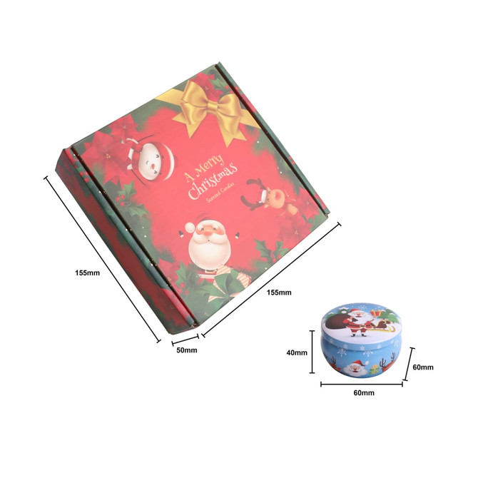 A festive tin candle set featuring four colourful candles in a decorative box with Christmas-themed designs.