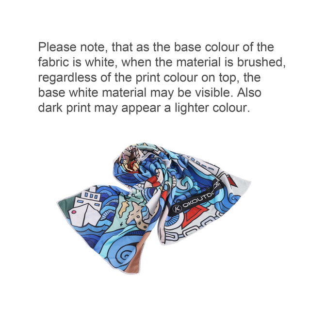 A cooling towel in a vibrant design featuring shades of blue, brown, and other colours, with a logo present.