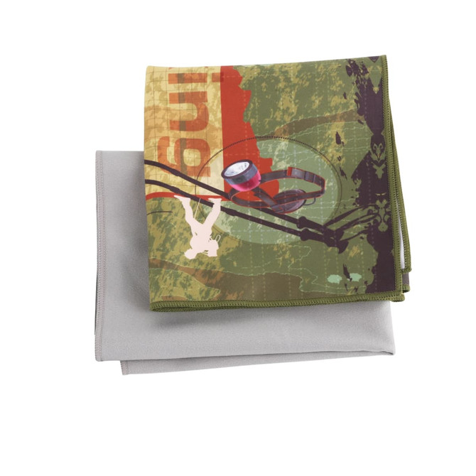A quick dry towel in green with a graphic design, folded over a plain grey towel. Both feature a logo.