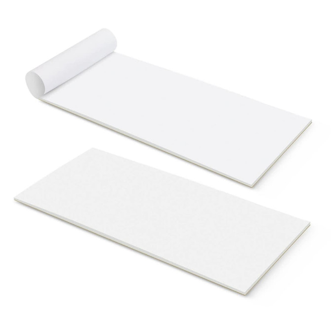 A vertical note pad with 25 white leaves, featuring an unrolled top and a stack of flat sheets. It has a logo on the design.