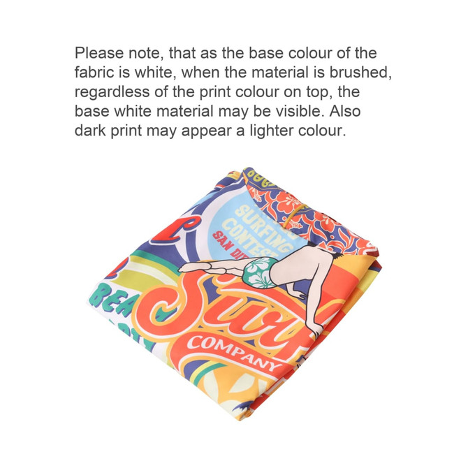A folded sublimation hooded towel featuring a vibrant, multi-coloured beach-themed design and intricate patterns.
