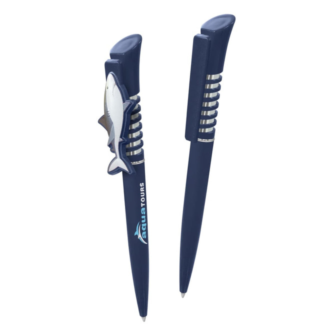 A blue plastic pen with a fish-shaped clip and a logo, featuring a sleek design and a silver grip.