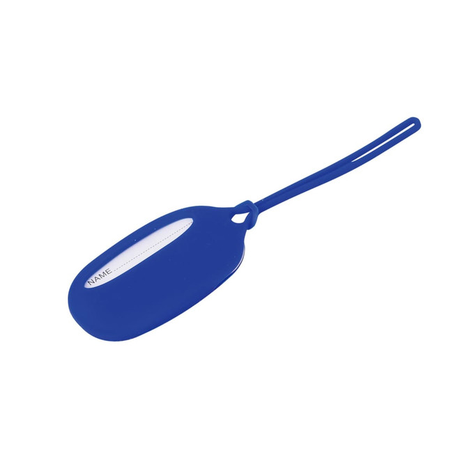 A blue silicone luggage tag with a card holder and a loop for attachment. It features a branding logo.