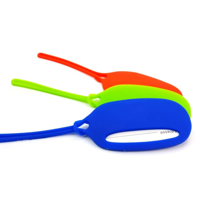 Three coloured silicone luggage tags in blue, green, and red, featuring a slot for personal information and a branding logo.