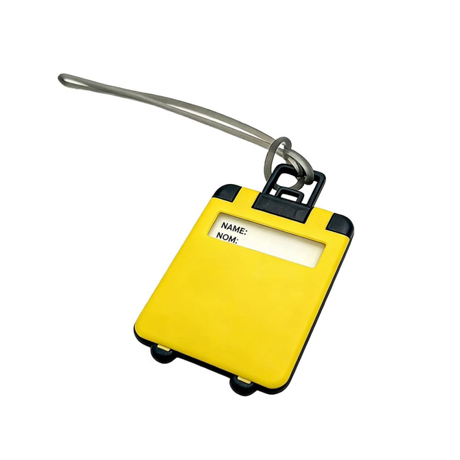 A yellow ABS luggage tag with a black border and a clear section for personal information. It features a metal attachment loop.