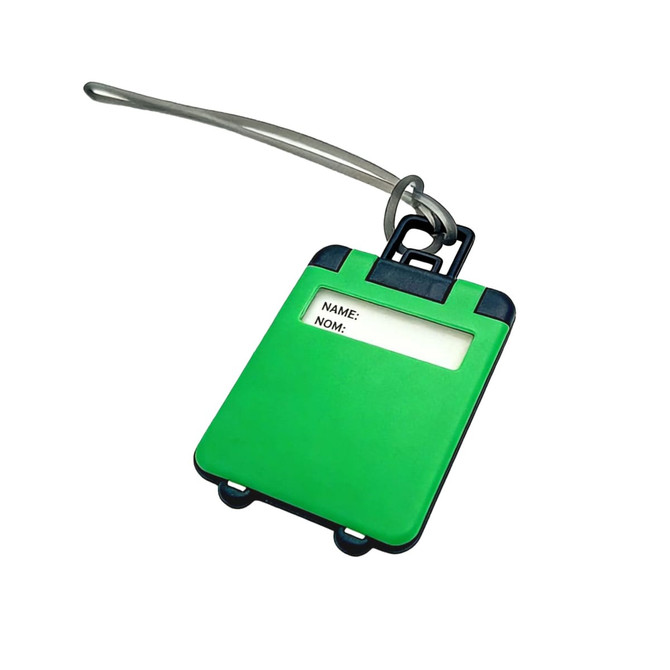 A green ABS luggage tag with a clear window for personal information and a metal attachment loop.