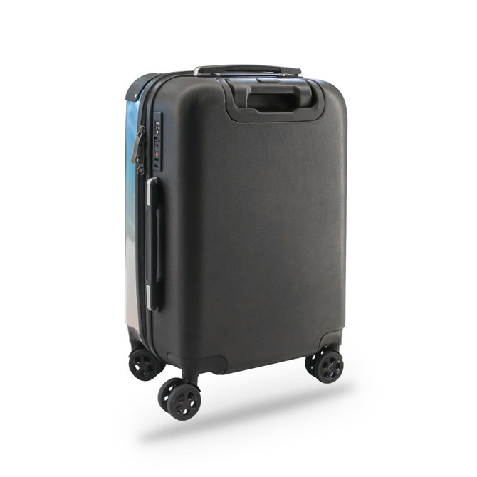 A custom insert suitcase in black with a sleek design and four wheels for easy mobility. Features a logo.