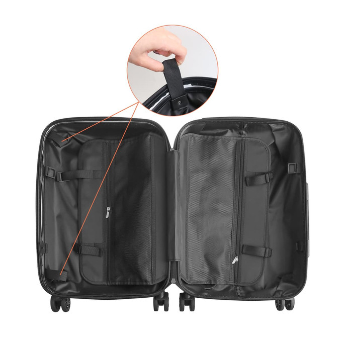 A black wheeled suitcase opened to display its interior compartments and straps, featuring a handle on the top.