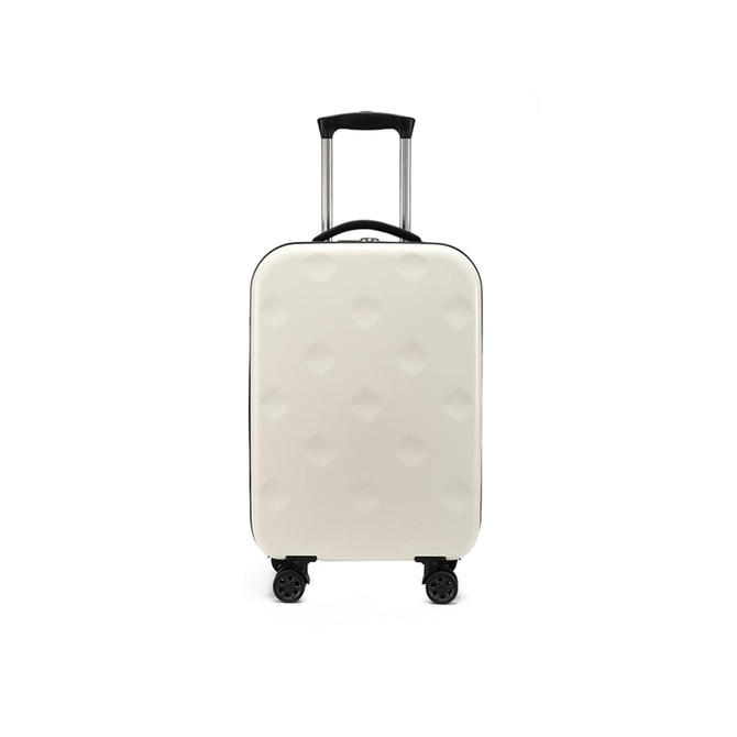 A collapsible suitcase in white with a textured surface, featuring a telescopic handle and four wheels for easy mobility.