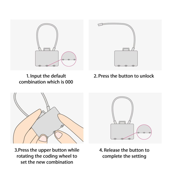 A metal coded lock in a step-by-step guide for setting combinations. Includes illustrations of the lock mechanism.