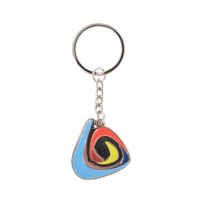 A custom-shaped embossed soft enamel keyring featuring blue, red, yellow, and black hues with a metal keychain.
