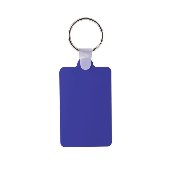 A rectangular blue Durasoft keyring with a silver metal ring for attaching keys or other items.
