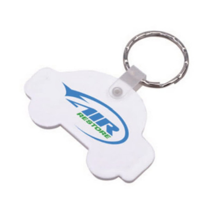 A white keyring shaped like a car with a metal keyring attachment and a logo.