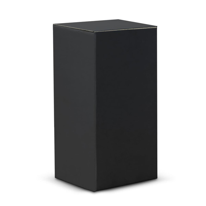 A drink bottle in a sleek black box, featuring a simple design and a logo on the front.