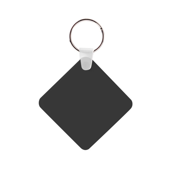 A square, black keyring with a metal ring for attachment. The keyring has a smooth surface and a white clip.