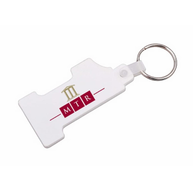 A white Durasoft keyring with a keychain attachment and a logo on its surface.