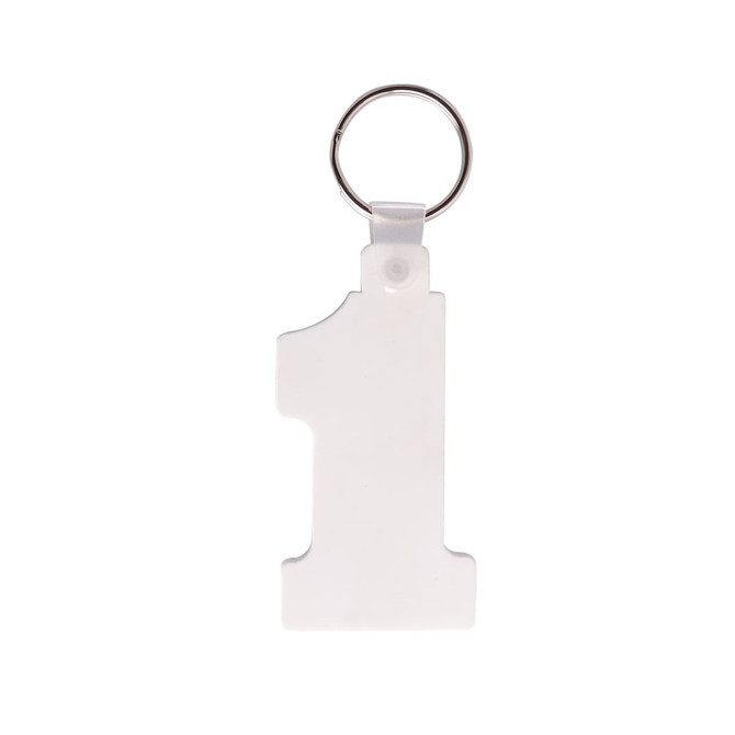 A white keyring shaped like the number one, complete with a metal keyring attachment.