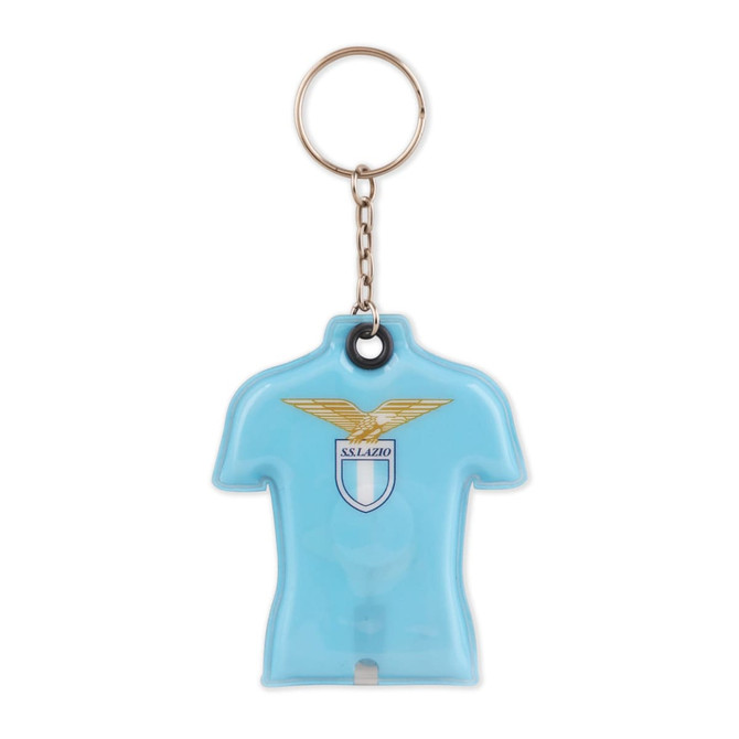 A blue PVC LED keyring shaped like a shirt, featuring a logo and attached to a metal keychain.