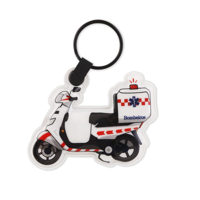 A PVC LED keyring shaped like an emergency scooter, featuring red and white details and a branding logo.