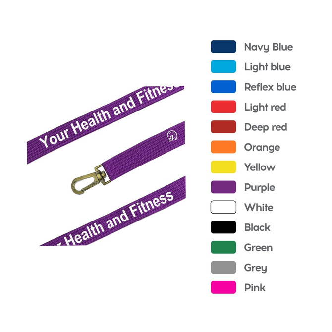 A purple lanyard with a clip and a logo, featuring various colour options displayed alongside it.
