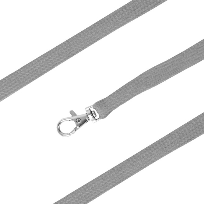 A grey bootlace lanyard featuring a silver clip for attaching items.