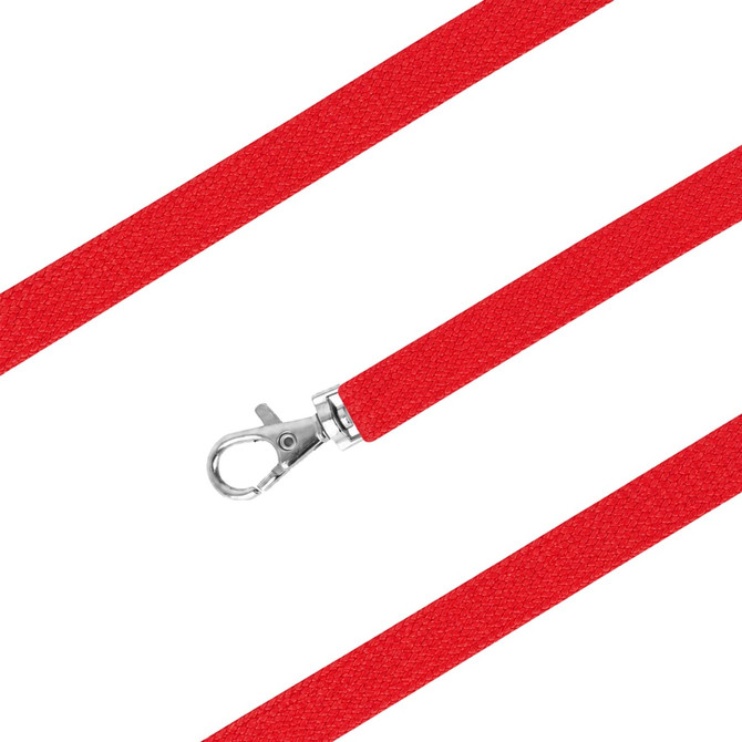 A red bootlace lanyard featuring a silver clip for attaching items.