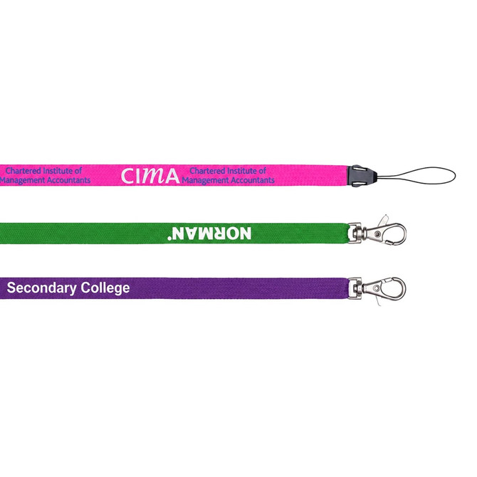 Three bootlace lanyards in pink, green, and purple, each with a clip and varied branding.