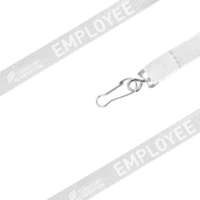 A white poly ribbed lanyard with a silver clip, featuring a branding logo and the word "EMPLOYEE" on it.