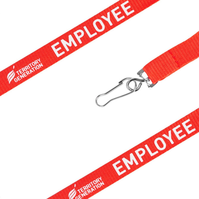 A red poly ribbed lanyard with a clip attached. It features a logo and text along its length.