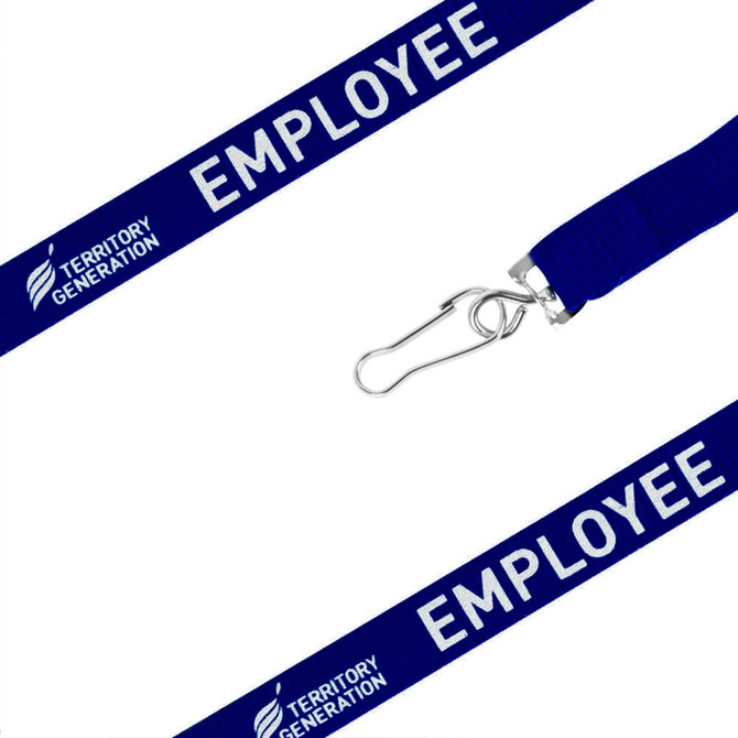 A blue ribbed lanyard with a metal clip and a logo, featuring the word "EMPLOYEE" printed on it.