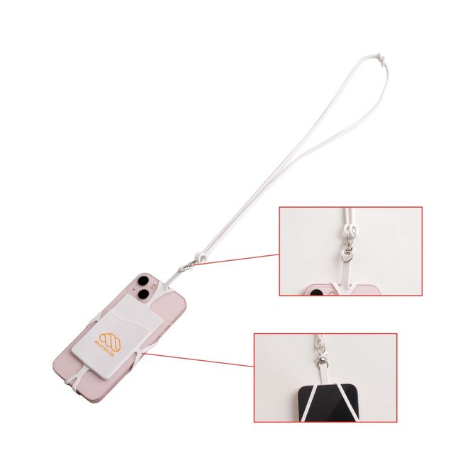 A phone holder in white and pink with a silicone lanyard, featuring a logo and adjustable clips.