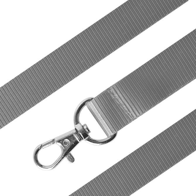 A grey nylon lanyard featuring a metal clip for attachment and a textured design.
